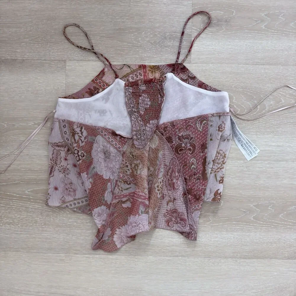 Patchwork Floral Ruffle Tiered Cami Top S MNG Mango Boho Smocked Peplum Summer - Picture 8 of 16